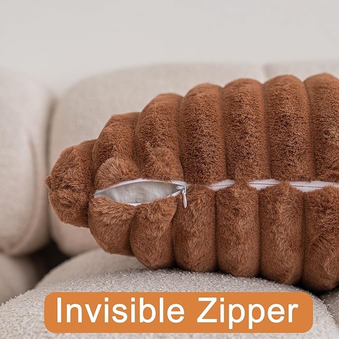 Double-Sided Faux Fur Plush Throw Pillow Covers 18x18 Set of 2 Fuzzy Striped Soft Cozy Pillowcase Luxury Decorative Pillows Square Shaggy Cushion Covers for Couch Sofa Bed,Brown