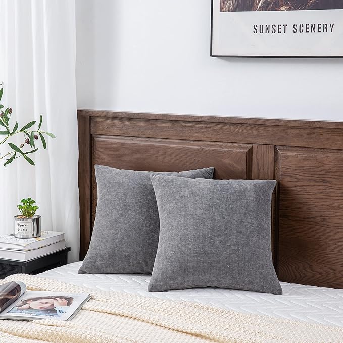 GAWAMAY Decorative Throw Pillow Covers 16x16 Inch Set of 2, Super Soft Chenille Square Pillows Farmhouse Fall Pillowcase for Living Room Bedroom Sofa Couch Cushion Cover Gray 40x40cm (No Insert)