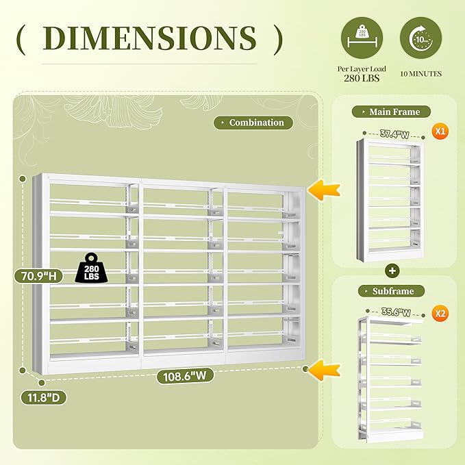 Bookshelf, 5-Tier Metal Sturdy Bookcase,71" H Tall White Bookcase with Adjustable Shelves, Heavy Duty Storage Bookshelfs and Bookcases for Living Room, Library, Home Office(White, 108.6" W)