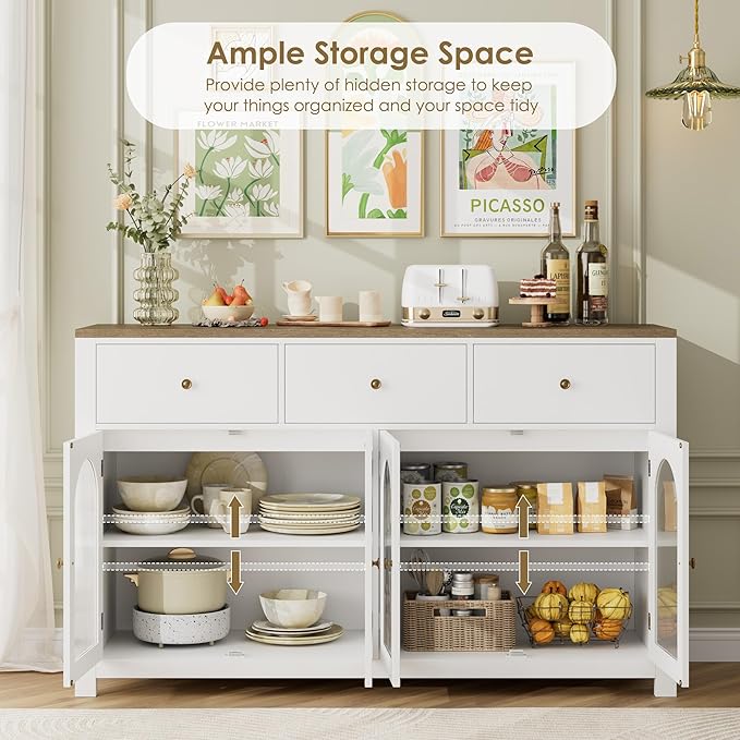 FINETONES Buffet Cabinet with Storage, 55.1" Large Sideboard Buffet Cabinet, Farmhouse Kitchen Cabinets with 3 Drawers and 4 Doors, Wood Coffee Bar for Kitchen Dining Room