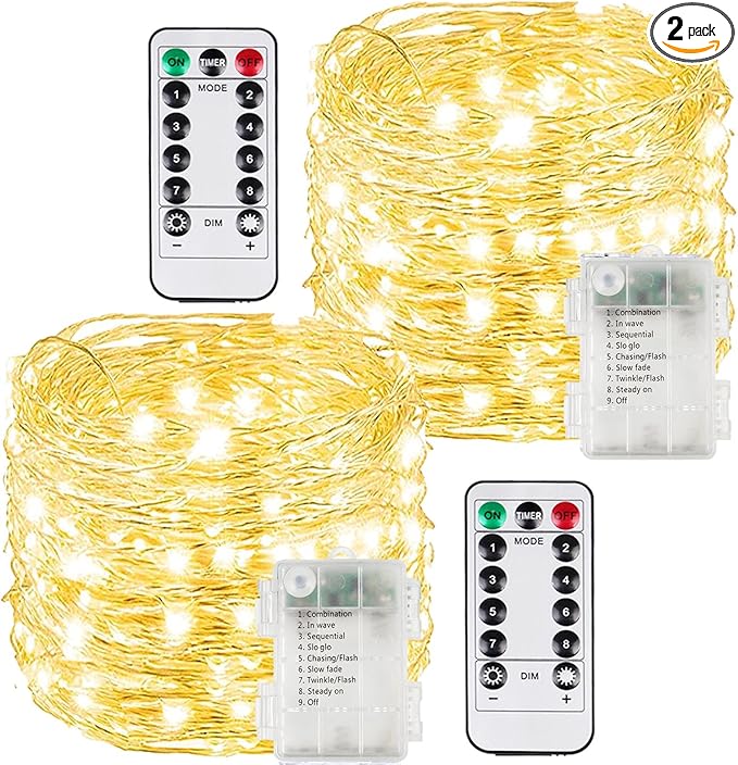 2 Pack 200LED Battery Operated Fairy Lights with Remote, 8 Modes LED String Lights with Timer, Dimmable, Memory Function, Waterproof Twinkle Lights for Outdoor Indoor Christmas Decor(Warm White)