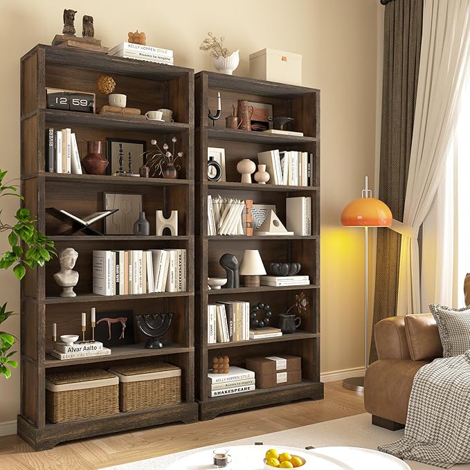 TVU 5-Shelf Wood Bookcase, 65 Inch Tall Bookshelf with Storage, Floor Standing Display Book Shelf，for Living Room Bedroom Study Office (Rustic Brown, 6 Tier)