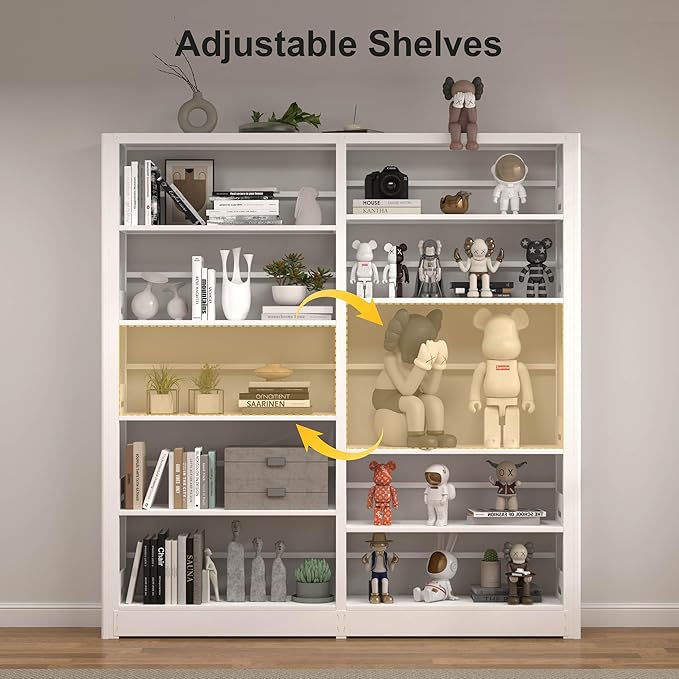 White Bookshelf, 5-Tier Bookshelf with Adjustable Storage Shelves, Freestanding Bookcases and Bookshelves, Wide Bookshelf for Home Office, Living Room, Bed Room, Including Book Stopper (White)