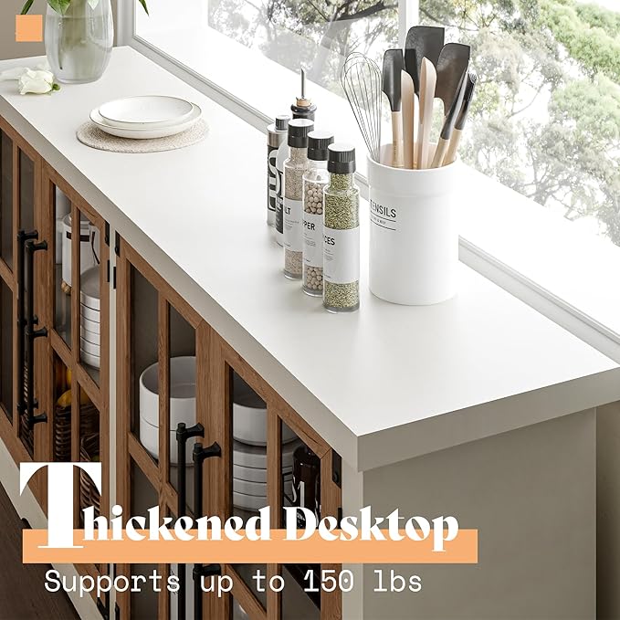 AMERLIFE Farmhouse 63" Buffet Sideboard Cabinet with Glass Door, Large Storage Cabinet with Adjustable Shelf, Wooden Coffee Bar Station for Kitchen, Dinning Room, White