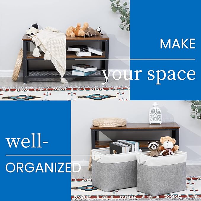 Bidtakay Large Storage Bins for Clothes Fabric Deep Baskets for Organizing Set of 2 Gray Fabric Pantry Storage Bins for Hallway Living Room Blankets 17x12x15 in Extra Large Shelf Tote Baskets