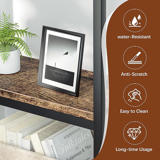 JAMFLY 5-Tier Corner Bookshelf, Industrial Corner Bookcase, Book Shelves with Metal Frame, Large Open Display Bookshelfs, L-Shaped Shelf for Living Room, Home Office, Rustic Brown