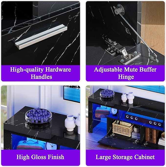 65.7 inch Modern High Gloss LED TV Stand with Storage for 50 55 60 65 70 75 inch TV, Gaming Entertainment Center for PS5, TV Cabinet with Glass Shelves for Living Room, Bedroom, Black Marble