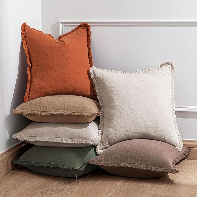 Woaboy Set of 2 Decorative Linen Fringe Throw Pillow Covers Boho Farmhouse Euro Cushion Covers Accent Pillowcases with Tassels for Living Room Couch Sofa Bed Chair,26x26 Inch,Brown