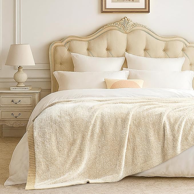 Amélie Home Knit Throw Blanket for Couch, Super Soft Cozy Fuzzy Plush Throws for Sofa Bed Living Room, 60" x 80", Heather Beige