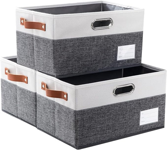 PRANDOM Foldable Storage Bins with Handles [3-Pack] Fabric Collapsible Storage Boxes Baskets Cubes Containers with Handles for Closet Living Room Bedroom (Grey &amp; White 14.9x9.8x8.3'')
