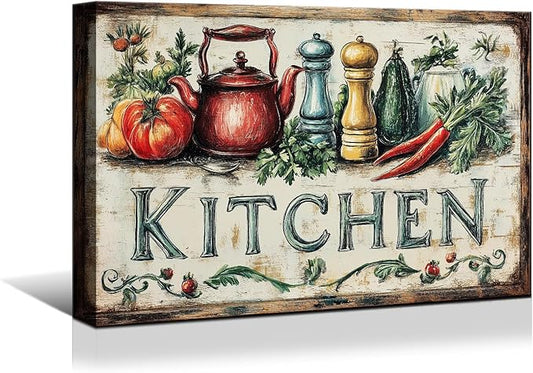superbpag Vintage Kitchen Wall Art Wrapped Canvas Decor - 18x12 inches Rustic Farmhouse This Kitchen Offers Food Love and Joy Painting Picture for Dining Room, Ready to Hang