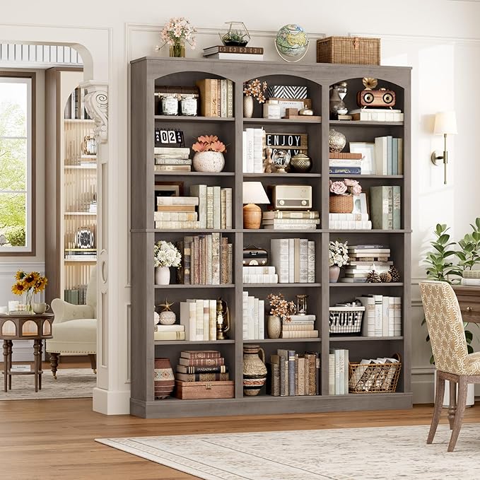71" Triple Wide Bookshelf, 6 Tier Tall Bookshelf, Large Bookcase with Curved Baffle, 63.4" Wide Book Shelf with 18 Open Display Shelves for Living Room, Study, Gray