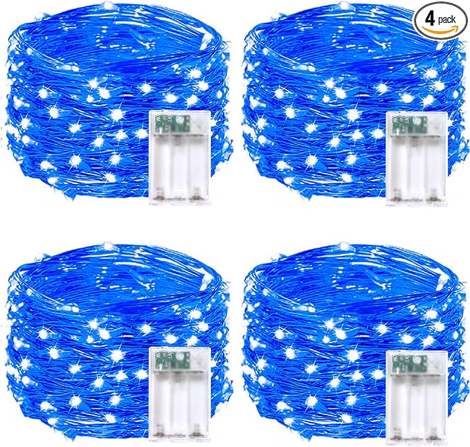 4 Pack 20FT 60LED Battery Operated Fairy Lights with Timer, Waterproof Battery String Lights Outdoor Indoor, Battery Twinkle Light for Bedroom Wedding Birthday Party Chirstmas (Blue)