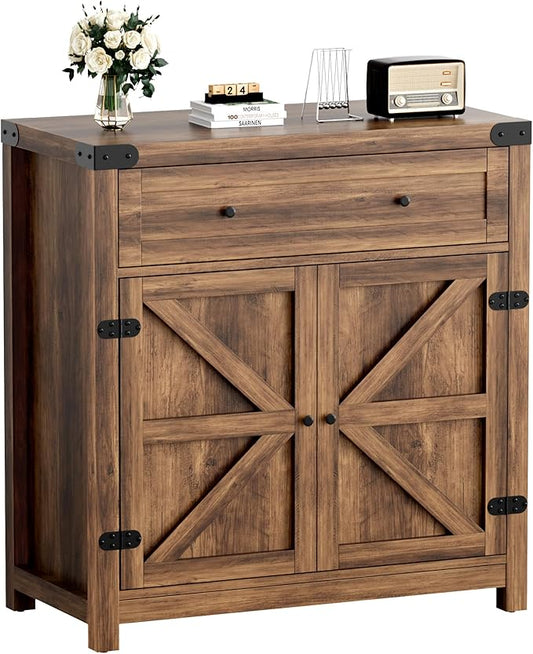 YESHOMY Coffee Bar and Accent Cabinet, Farmhouse Barn Door Buffet Sideboard with Drawer and Adjustable Shelf, Wide Desktop for Kitchen, Dining Room, Bathroom, Entryway, Brown