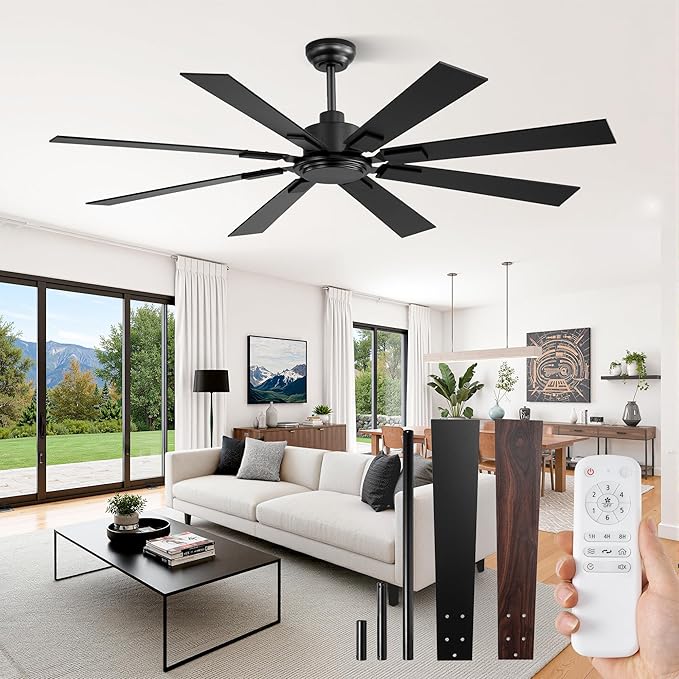 ZMISHIBO 62 Inch Ceiling Fan No Light with Remote Control, 8 Blades Quiet DC Reversible Motor, 6-Speed, Timer, Black Finish, Indoor Outdoor Ceiling Fans for Patios, Living Room, Garage