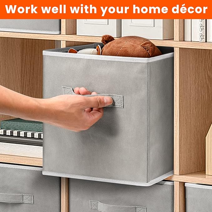 Criusia Heavy Duty Fabric Storage Cubes, Collapsible Storage Organizer Bins for Shelves Closet, Baskets for Clothes, Blankets, Toys, Grey, 11 inches, 8 Pack