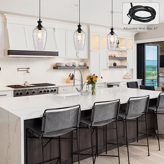 Glass Pendant Lights Kitchen Island 2 Pack, 1-Light Black Pendant Light Fixtures with Hand-Blown Clear Glass, Farmhouse Modern Hanging Light for Kitchen Sink Dining Room Bedroom