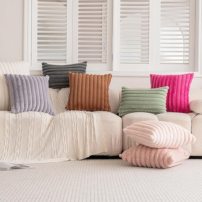 Double-Sided Faux Fur Plush Throw Pillow Covers 18x18 Set of 2 Fuzzy Striped Soft Cozy Pillowcase Luxury Decorative Pillows Square Shaggy Cushion Covers for Couch Sofa Bed,Light Gray