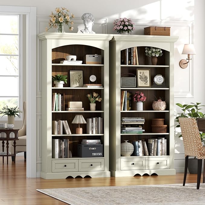 71'' Tall Arched Bookcase with Stroage of 2 pcs, Farmhouse 5-Tier Arch Bookshelf with Drawers, Freestanding Book Shelf with Adjustable Shelf and Roman Column Pattern for Home Office (2, White)