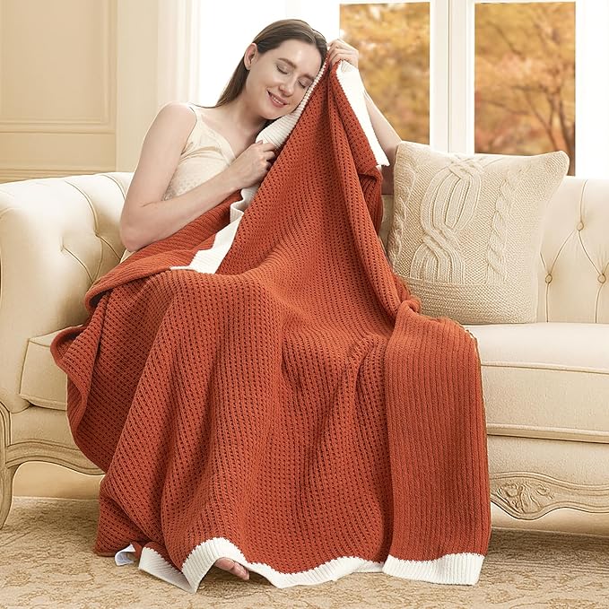 Amélie Home Waffle Throw Blanket for Couch, Soft Cozy Chenille Knit Blanket Warm Decorative Throw for Sofa, 50"x60", Burnt Orange
