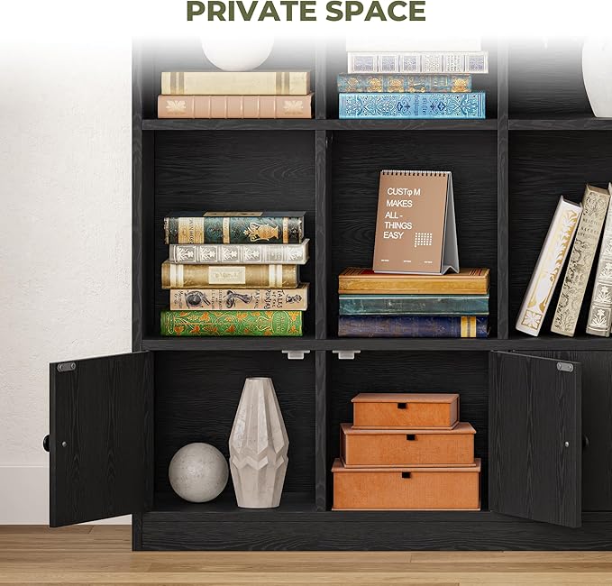 IRONCK Bookshelfs and Bookcase, 6 Tiers Large Bookshelf with 4 Doors, Floor Standing Tall Display Storage Shelves for Home Office, Living Room, Bedroom, Black