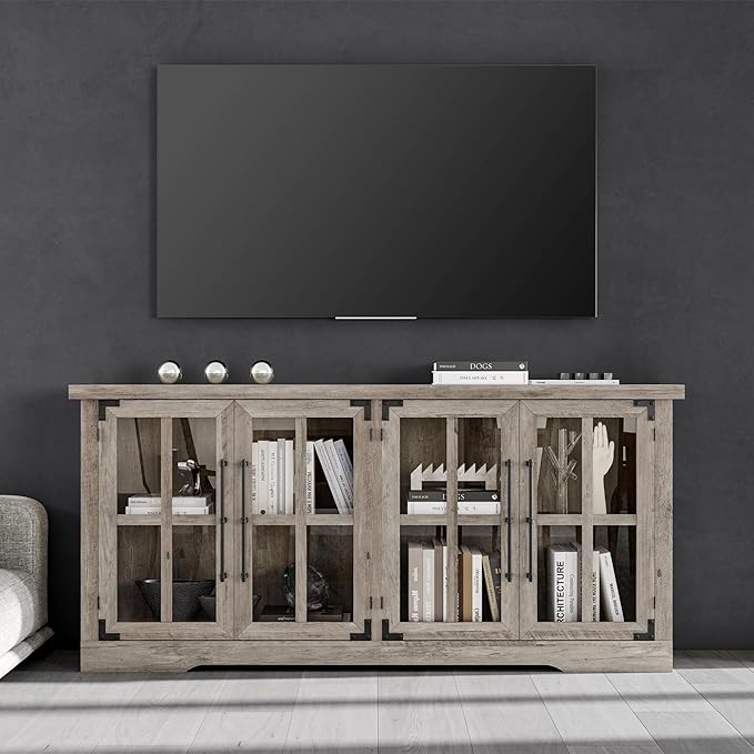 AMERLIFE Farmhouse 63" Buffet Sideboard Cabinet with Glass Door, Large Storage Cabinet with Adjustable Shelf, Wooden Coffee Bar Station for Kitchen, Dinning Room, Rustic Gray