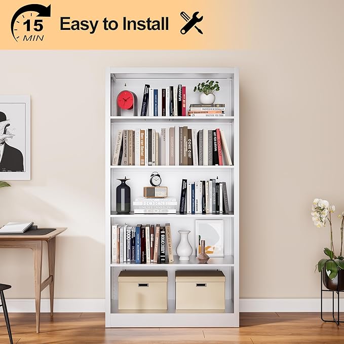 66" Tall Metal Bookcase, 5 Shelf White Bookcase with Adjustable Shelves, Large Bookshelfs and Bookcases, Modern Book Shelf Storage Organizer for Living Room, Home Office, Library