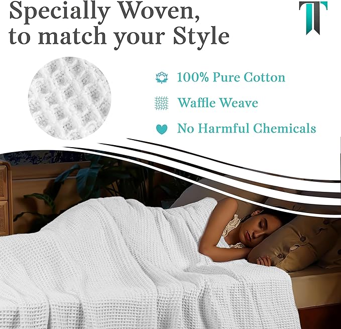 Tex Trend White Waffle Blankets – 100% Cotton Blankets Queen Size – Breathable and Soft for Summer Spring – Suitable for Bed Layering, Sofa and Couch (90”x90”)
