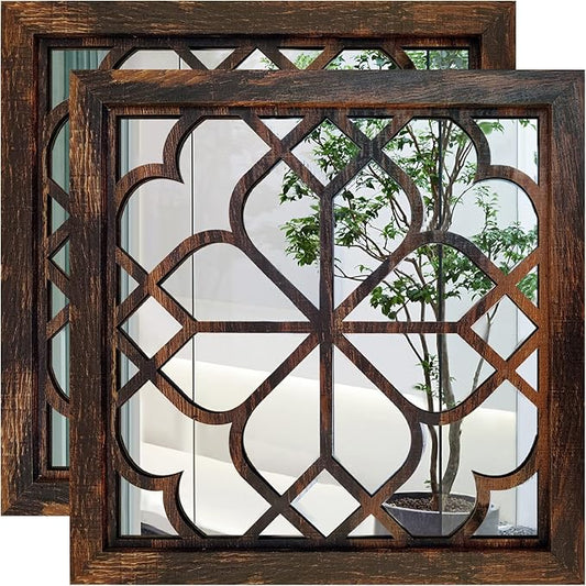 Wocred 16inch 2 PCS Square Wall Mirror,Gorgeous Rustic Farmhouse Accent Mirror, Caramel Color Entry Mirror for Bathroom Renovation,Bedrooms,Living Rooms and More.