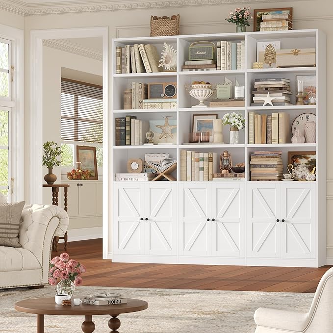 75" Triple Wide Bookshelf, White Bookshelf and Bookcase with 6 Farmhouse Doors, 71" Wide 6 Tier Book Shelf with 18 Storage Shelves, Large Wooden Bookshelf, Tall Bookcase for Office, White