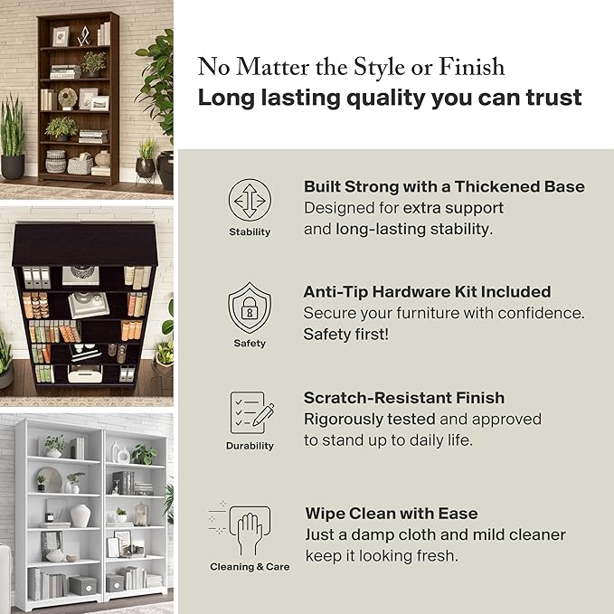 Bush Furniture Tall 5 Shelf Bookcase, Large Open Bookshelf, Sturdy Display Cabinet for Living Room or Home Office, Cabot Collection, Harvest Cherry