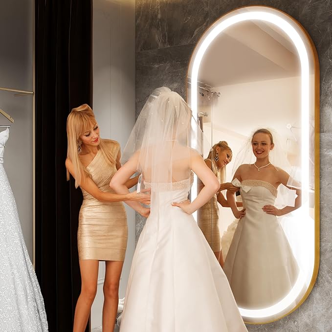 FENNIO 70" x 32" Large Luxury Wall Mounted Mirror with LED Lights - Oval Full Length LED Lighted Full Body Dressing Mirror for Bedroom, Salon, Brushed Aluminum Frame, Tempered Glass