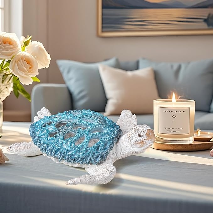 VVGIFTS Ocean Decor Sea Turtle Coral Reef Home Office Decor Sculpture Beach Coastal Tabletop Shelf Collection (Blue)