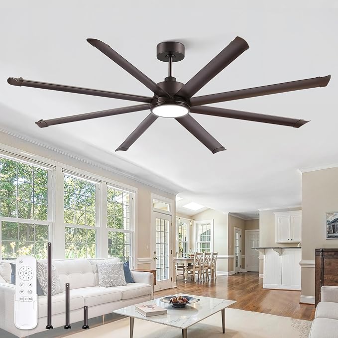ZMISHIBO 84 Inch Ceiling Fans with Lights, Indoor/Outdoor Industrial Ceiling Fan with 8 Aluminum Reversible Blades, Quiet DC Motor, 3CCT&6-Speed Remote Control, Damp Rated for Living Room/Garage/Porch