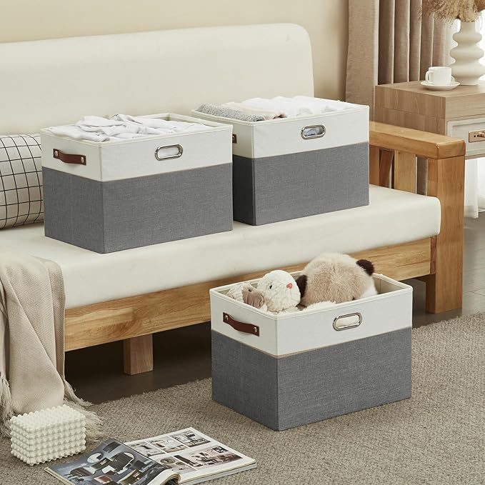 Large Collapsible Fabric Storage Bins with 3 Handles, Foldable Organizer Baskets for Closet, Shelves, Living Room | 3 Pack, Durable PU &amp; Metal Handles (17"x11.8"x11.8", Gray &amp; White)