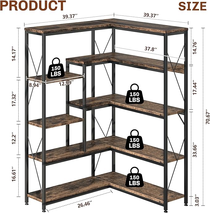JAMFLY 5-Tier Corner Bookshelf, Industrial Corner Bookcase, Book Shelves with Metal Frame, Large Open Display Bookshelfs, L-Shaped Shelf for Living Room, Home Office, Rustic Brown