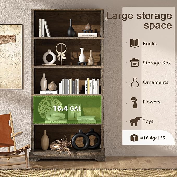 TVU 5-Tier Wooden Book Shelf, 65" Tall Bookshelf with Storage, Floor-Standing Display Bookcase, Farmhouse Style Bookshelf with Arched Base, Suitable for Living Room, Study, Office, Rustic Brown