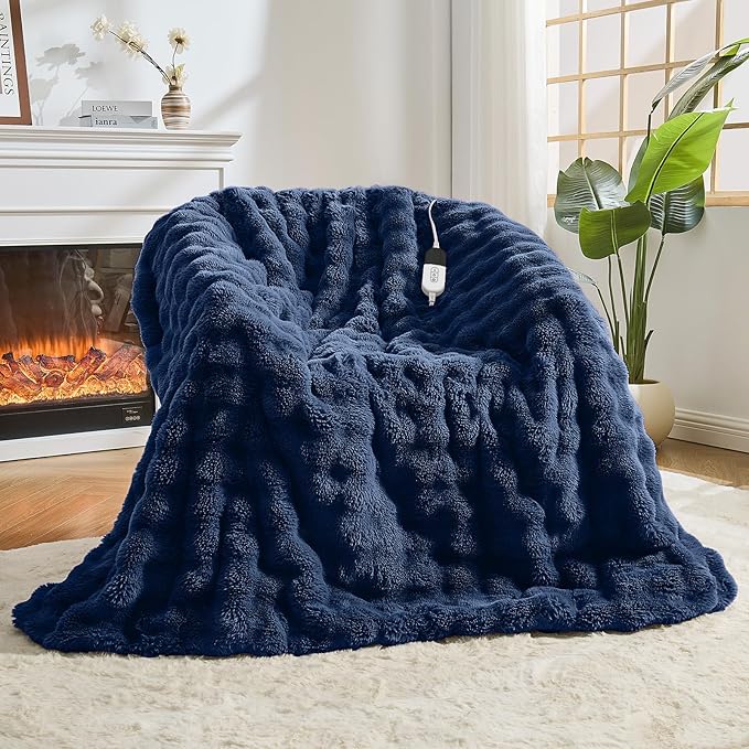 Heated Blanket Electric Throw Blanket 50''X 60''-Heating Blanket with 6 Heat Settings-4/10 Hours Auto Off,Cozy Faux Rabbit Fur Bubble Electric Blanket,Navy Blue
