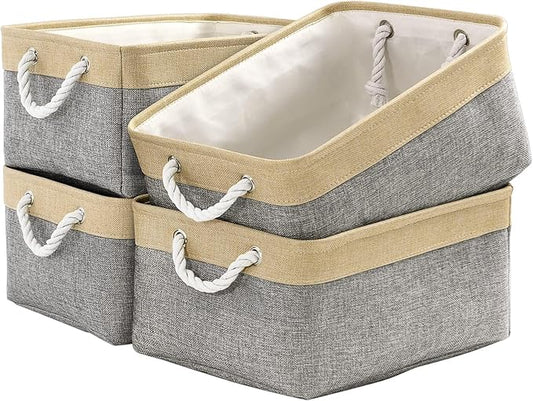 Organization and Storage Basket for Organizing - Large 4 Pack 16x12x8 inch Collapsible Baskets for Shelves Fabric Storage Cube, Storage Bins for Laundry Cloth Books Gift (Gold &amp; Grey)