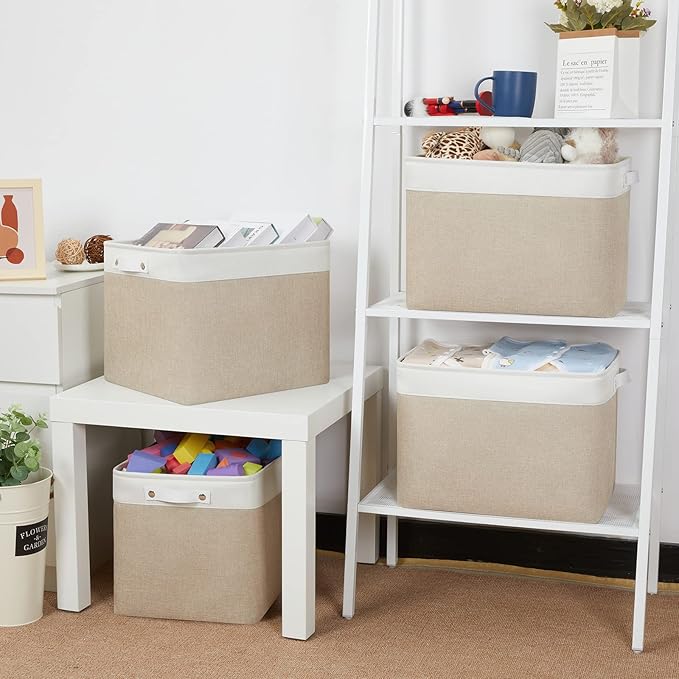 Bidtakay Storage Baskets for Shelves [4-Pack] Storage Bins for Organization Fabric Beige Baskets for Closet Hallway Cabniet Room Organizer Bins for Clothes Blankets Home