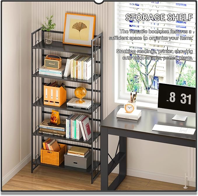 4NM No Assembly 5 Tiers Folding Bookshelf, 59.4" H Foldable Storage Shelves Vintage Bookcase Standing Racks Study Organizer Home Office - All Black