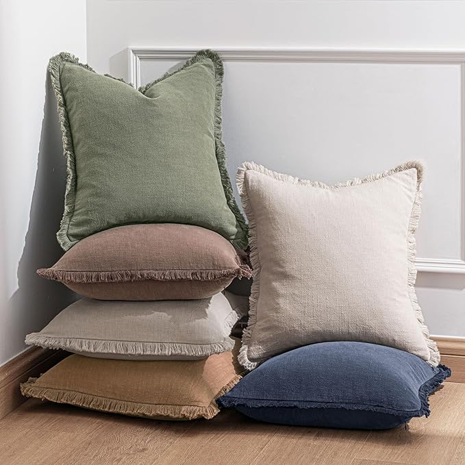 Woaboy Set of 2 Decorative Linen Fringe Throw Pillow Covers Boho Farmhouse Cushion Covers Accent Pillowcases with Tassels Christmas Home Decor for Livingroom Couch Sofa Bed,22x22 Inch,Olive Green