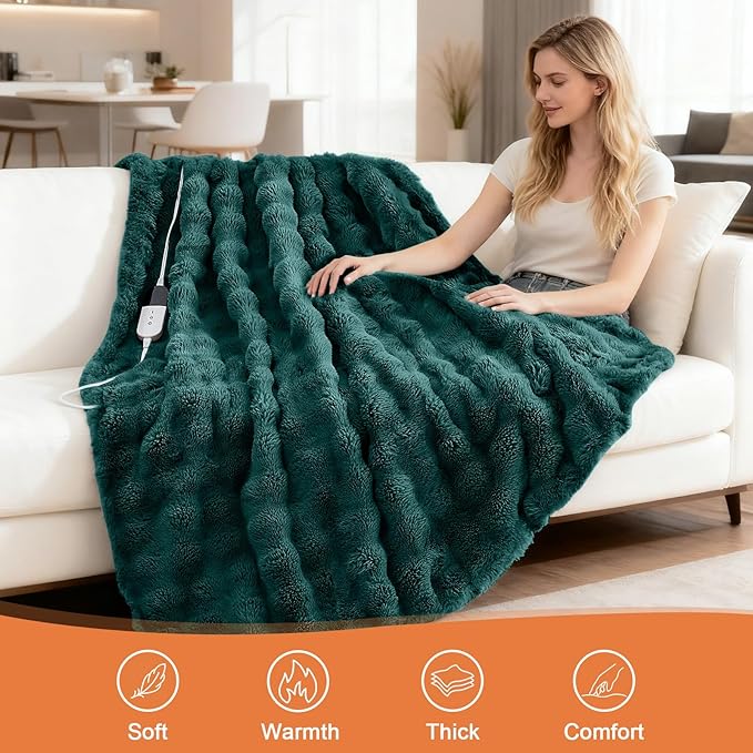 Heated Blanket Electric Throw Blanket 50''X 60''-Heating Blanket with 6 Heat Settings-4/10 Hours Auto Off,Cozy Faux Rabbit Fur Bubble Electric Blanket,Dark Green
