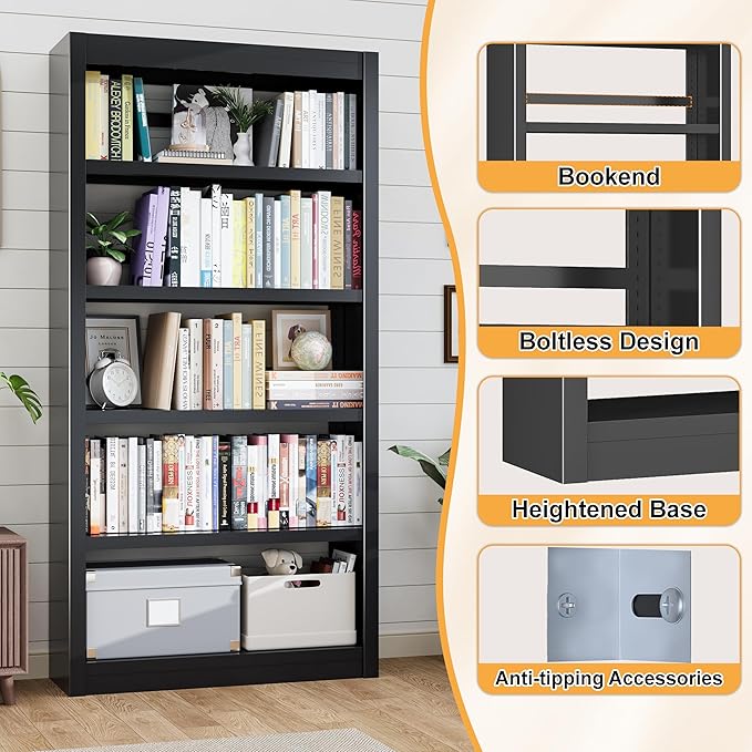 Bookshelf, 5 Tier Metal Bookshelf, 69" H Tall Bookcase with Adjustable Shelves, Large Industrial Bookshelfs for Living Rooms, Home Offices, Library, 10 Minutes Assemble