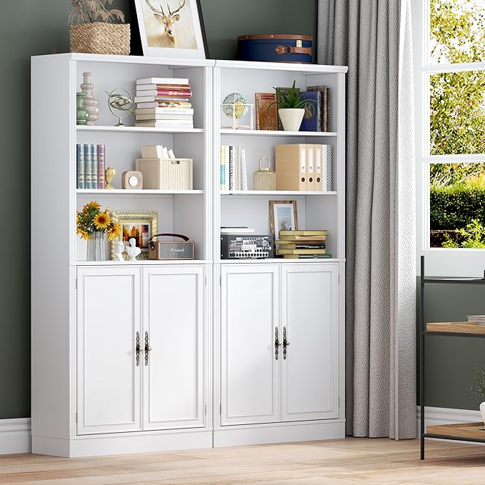 71.4" Tall Bookshelf with Cabinet, 5-Tier Floor Standing Bookcase with Doors &amp; Adjustable Shelves, 31.5" Wide Storage Shelf, Metal Handles, Modern Organizer for Home Office, Living Room