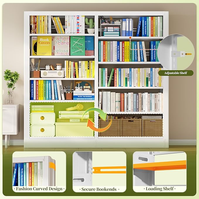 Bookshelf, 5-Tier Metal Sturdy Bookcase,71" H Tall White Bookcase with Adjustable Shelves, Heavy Duty Storage Bookshelfs and Bookcases for Living Room, Library, Home Office(White, 108.6" W)