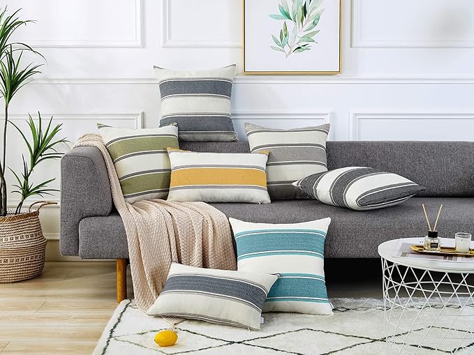 AmHoo Pack of 2 Farmhouse Linen Throw Pillow Cover Cushion Stripe Decoration Buffalo Retro Pillowcase with Hidden Zipper for Sofa Bedroom Car 24 x 24 Inch Teal