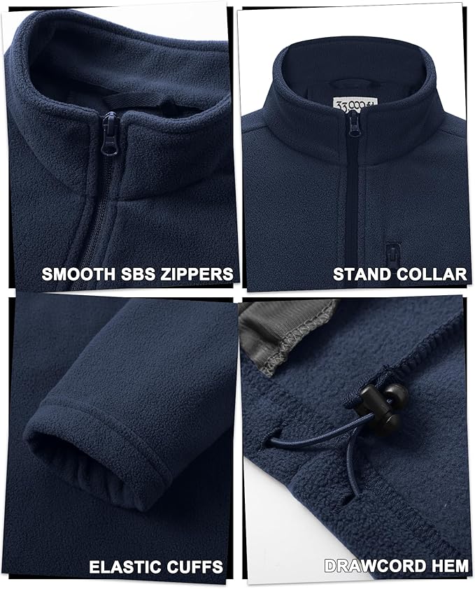 33,000ft Men's Full Zip Fleece Jacket Lightweight Warm Soft Polar Long Sleeve Jackets with Pockets for Winter Hiking Casual