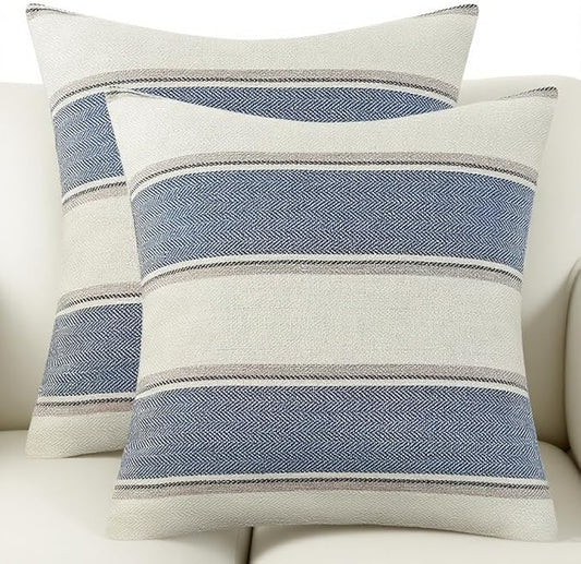 AmHoo Pack of 2 Farmhouse Linen Throw Pillow Cover Cushion Stripe Decoration Buffalo Retro Pillowcase with Hidden Zipper for Sofa Bedroom Car 26 x 26 Inch Blue