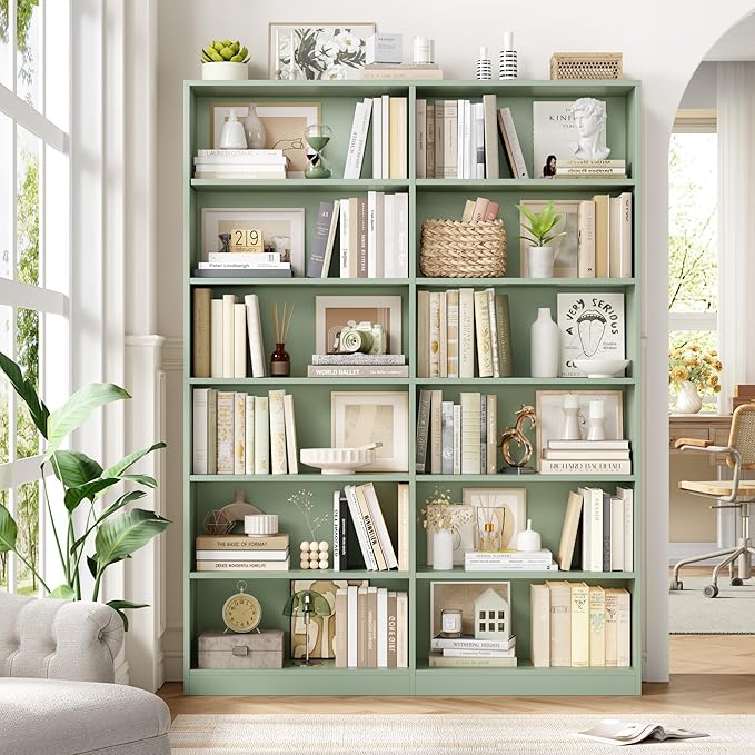 Bookshelf and Bookcase, 6-Tier Double Wide Bookshelves, Freestanding Display Storage Shelves, Tall Bookcases for Home Decor Bedroom, Living Room, Home Office, Green
